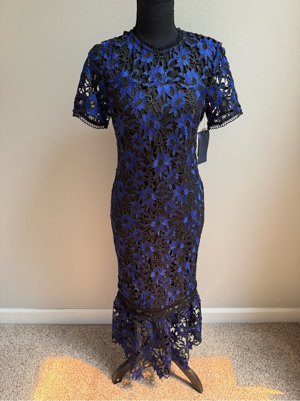Shoshanna Black & Blue Floral Lace Midi Dress